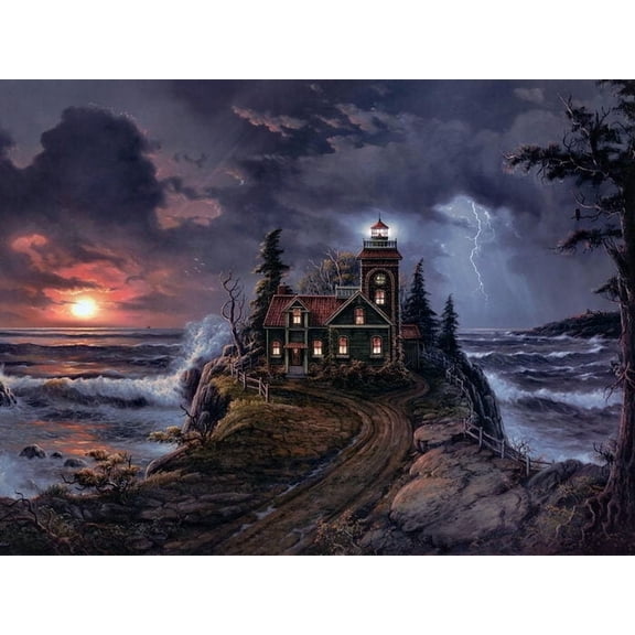 Lighthouse Cove Night Landscape Lightning Poster, Living Room And Gallery Wall Decor