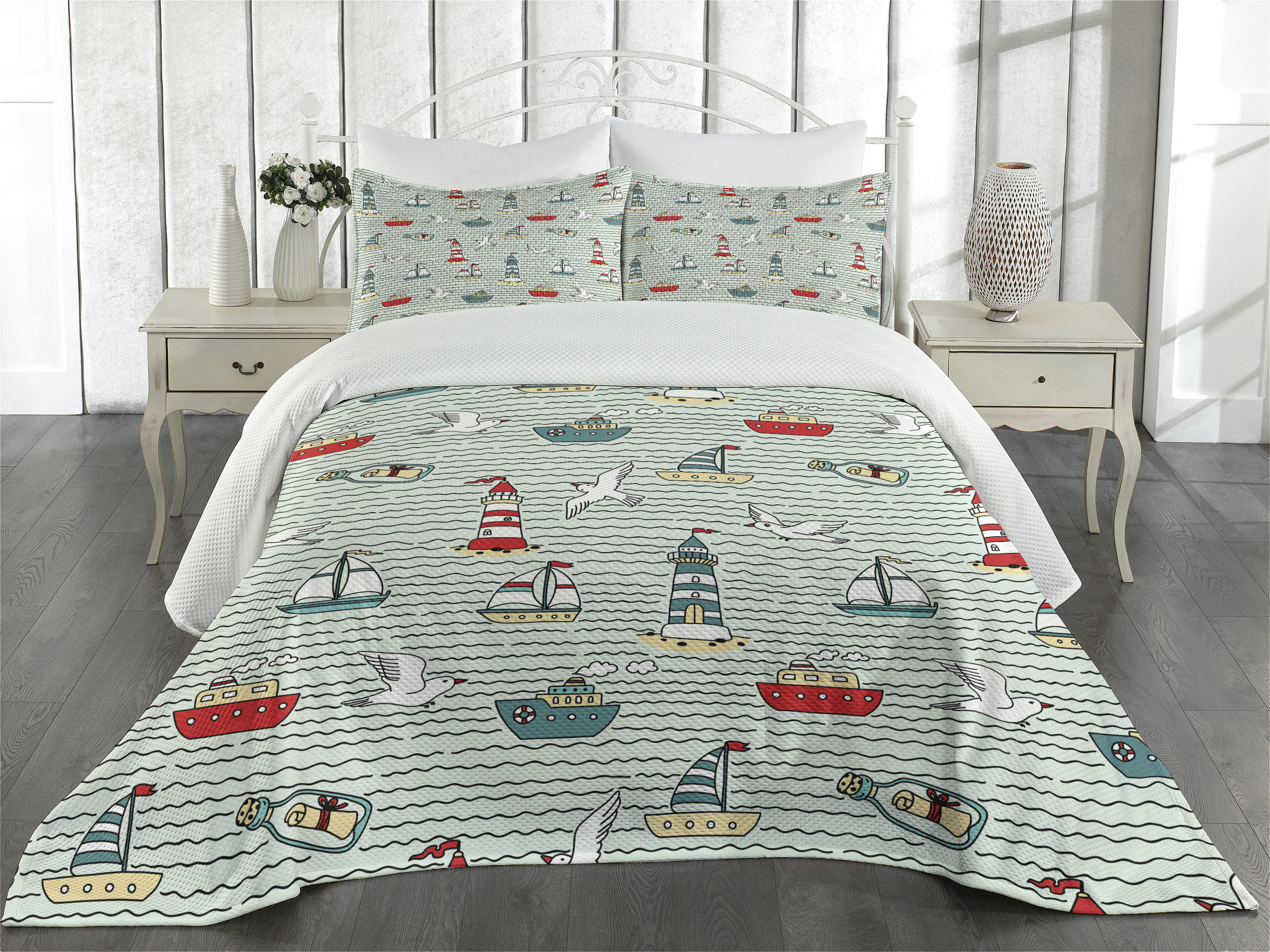Lighthouse Coverlet Set Queen Size, Seagulls Lighthouses Message