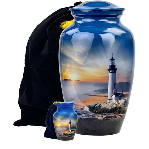 Lighthouse Cremation Urn for Ashes, Handmade, Sunset Light, Large, Blue, with Velvet Bag