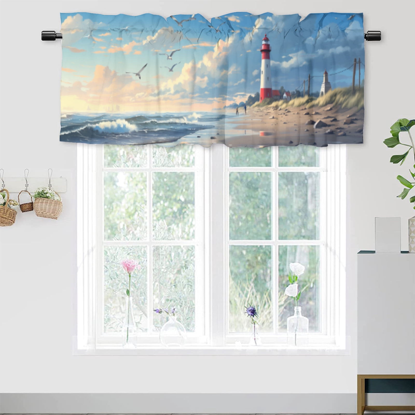 Lighthouse Curtain Valance for Kitchen Ocean Beach Seagull Sky Clouds