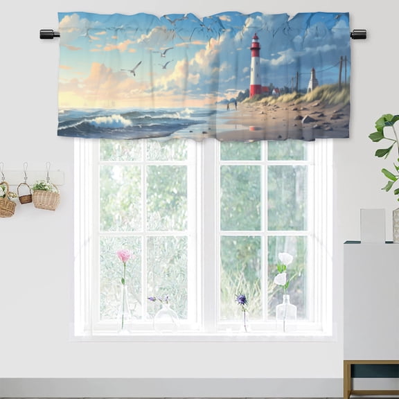 Lighthouse Curtain Valance for Kitchen Ocean Beach Seagull Sky Clouds Seascape Rod Pocket Valances for Bedroom Living Room Dining Room 54 by 18 in, 1 Panel