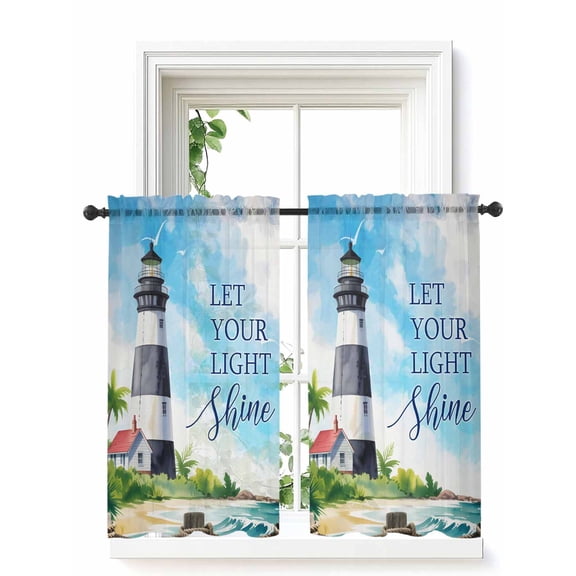 Lighthouse Curtains 45 Inch Length,Sheer Curtains for Bedroom Living Room Window Blue Coastal Nautical Ocean Beach Palm Tree Rod Pocket Drapes Kitchen Curtains Small Half Window 42"x45" 2 Panels