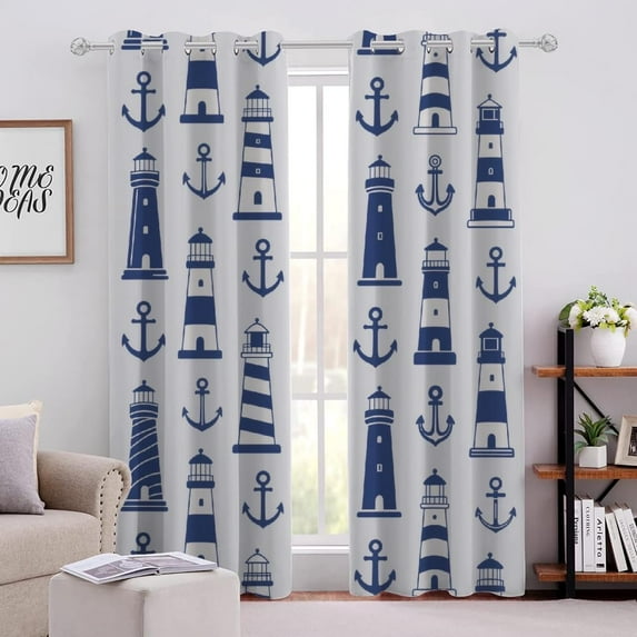 Lighthouse Curtains for Bedroom Living Room, Anchor Pattern Blackout Curtains, Ocean Style Home Decor Drape, Nautical Style Window Treatments Drapes 53"W x 84"L (Pack of 2)