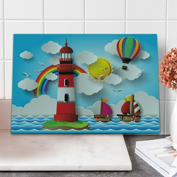 Lighthouse Cutting Board, Coast with Sailboats Sun Rainbow Hot Air Balloon Clouds Playroom Cartoon, Decorative Tempered Glass Cutting and Serving Board, Large Size, Multicolor, by Ambesonne