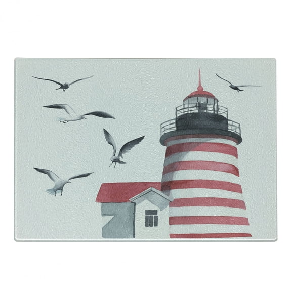 Lighthouse Cutting Board, Lighthouse and Seagulls on the Beach Navigational Aid Seaside Waterways Art, Decorative Tempered Glass Cutting and Serving Board, Small Size, Red Grey White, by Ambesonne