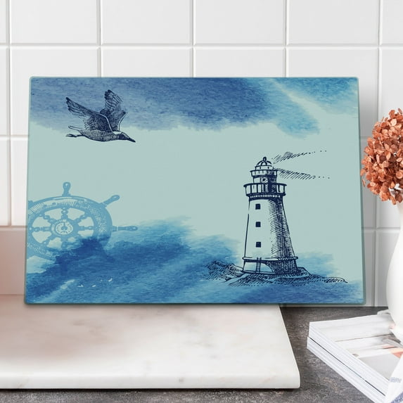 Lighthouse Cutting Board, Nostalgic Watercolors Gull Anchor Tower Nautical Theme, Decorative Tempered Glass Cutting and Serving Board, Large Size, Blue and White, by Ambesonne