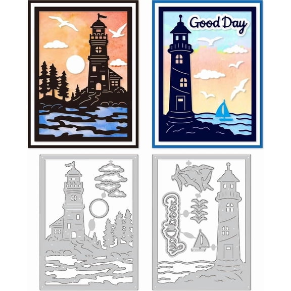 Lighthouse Cutting Dies Card Making Sunset Sea Combination Cut Stencil Carbon Steel Die Cuts Card Scrapbooking Embossing Template for Cards Paper Craft Making Album Invitation Gift Decor DIY