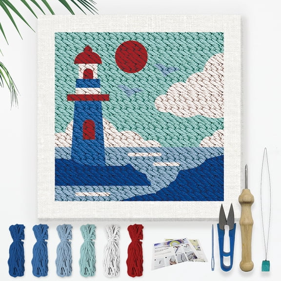 Lighthouse DIY Punch Needle Embroidery Kit Adult Beginner 9.4" Sea Building Punch Stitching Craft Set