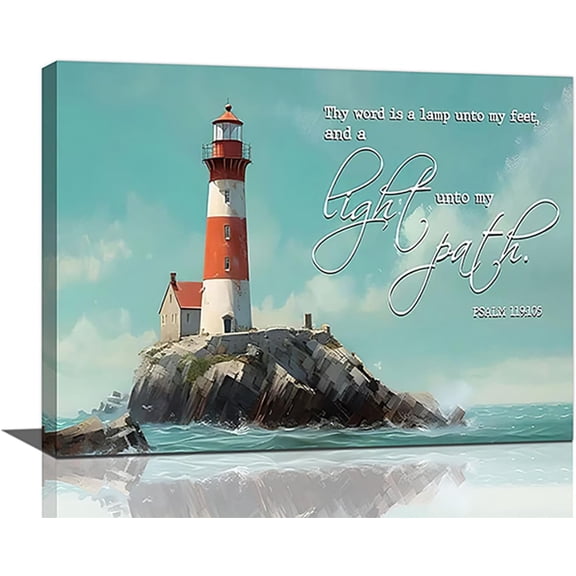 Lighthouse Decor Coastal Nautical Wall Art Ocean Bible Verse Pictures Lighthouse Scripture Canvas Prints Painting Decorations Framed Artwork for Bathroom Bedroom 16"x12"