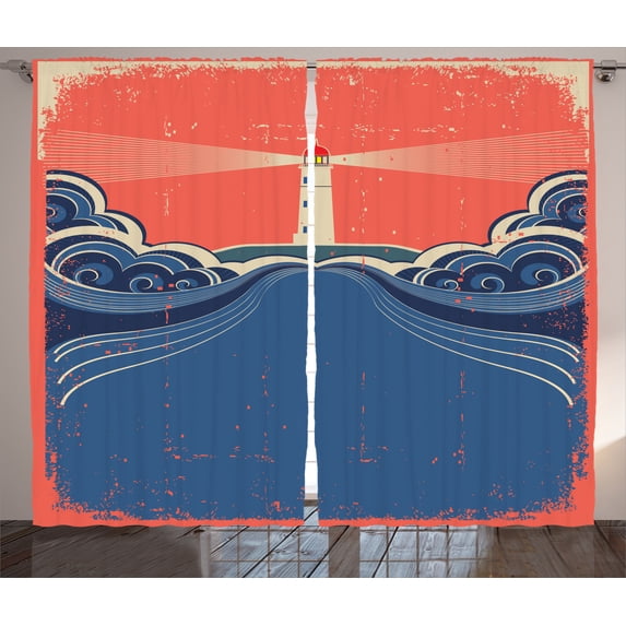 Ambesonne Grunge Curtains 2 Panel Set, Lighthouse Waves Sea, 108" x 84", Blue Coral White