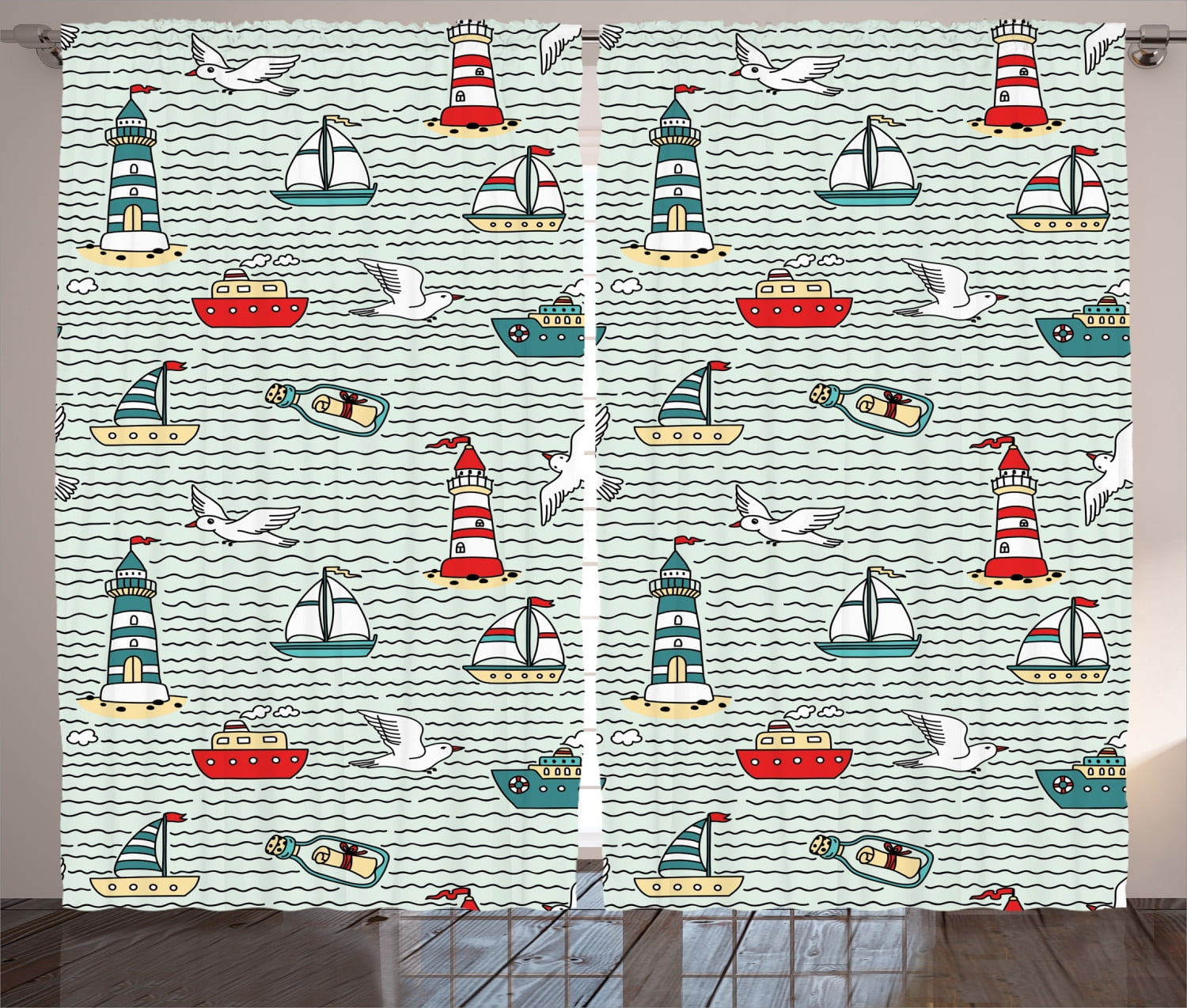 Lighthouse Decor Curtains 2 Panels Set, Seagulls Lighthouses Message in