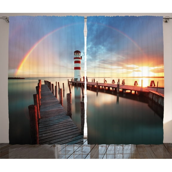 Ambesonne Lighthouse Curtains 2 Panel Set, Clouds Sunset at Sea, 108" x 90", Multicolor