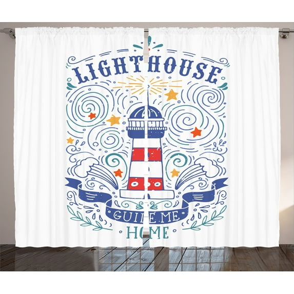 Ambesonne Lighthouse Curtains 2 Panel Set, Vintage Sketch Stars, 108" x 84", Multicolor