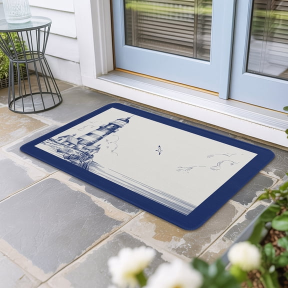 Lighthouse Door Mat Indoor Outdoor,Ocean Seagull Vintage Navy Blue Coastal Boat Non Slip Welcome Mat with Rubber Backing,Absorbent Fabric Front Door Mats Entryway Rug for Home Patio Entrance 16"x24"