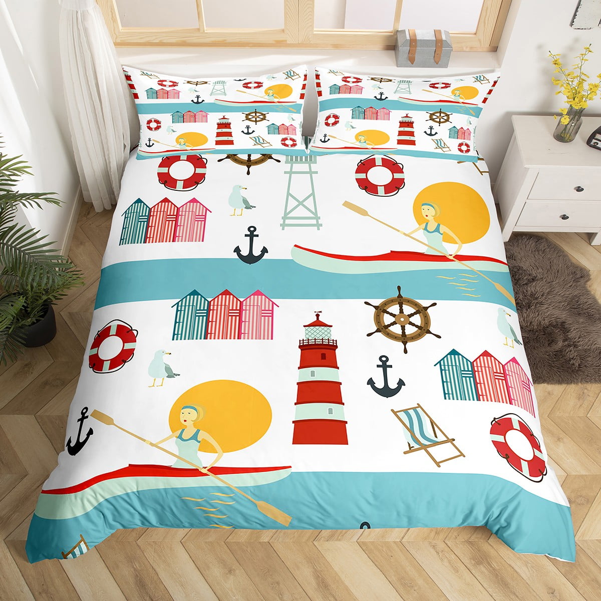 Lighthouse Duvet Cover Lake Paddle Boat Queen Bedding Set for Boys Kids