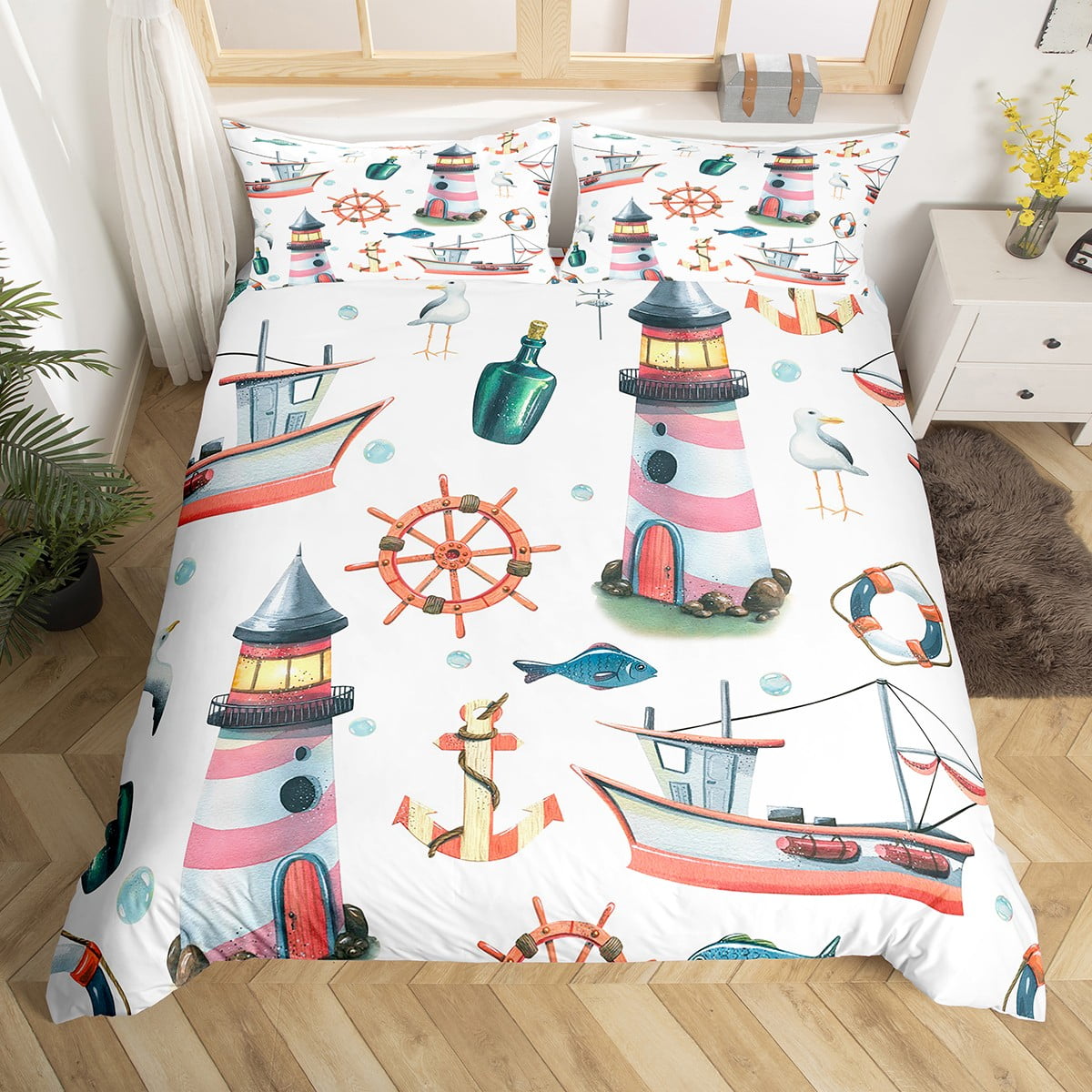 Lighthouse Duvet Cover Nautical Themed Twin Bedding Set for Boys Kids