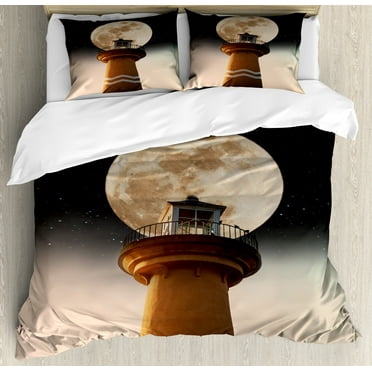 Lighthouse Duvet Cover Set, Abstract Vintage Scene of the Tower on Half Night Half Morning, Decorative 3 Piece Bedding Set with 2 Pillow Shams, Calking Size, Beige Charcoal Grey Umber, by Ambesonne