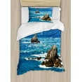 thumbnail image 1 of Lighthouse Duvet Cover Set, Daytime Lighthouse Wavy Ocean View and Clear Sky Rocky Islands Sailboat, Decorative 2 Piece Bedding Set with 1 Pillow Shams, Twin Size, Blue Grey White, by Ambesonne, 1 of 3