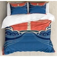 thumbnail image 1 of Lighthouse Duvet Cover Set, Grungy Style Lighthouse Art Print Beam Waves Sea Swirls Nautical Theme, Decorative 3 Piece Bedding Set with 2 Pillow Shams, Queen Size, Blue Coral White, by Ambesonne, 1 of 3
