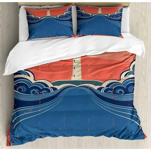 Lighthouse Duvet Cover Set, Grungy Style Lighthouse Art Print Beam Waves Sea Swirls Nautical Theme, Decorative 3 Piece Bedding Set with 2 Pillow Shams, Queen Size, Blue Coral White, by Ambesonne