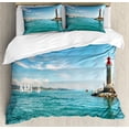 thumbnail image 1 of Lighthouse Duvet Cover Set King Size, Day by the Seaside Sailboats Lighthouse Rocks Clear Sea Clouds Island Seascape, Decorative 3 Piece Bedding Set with 2 Pillow Shams, Multicolor, by Ambesonne, 1 of 3
