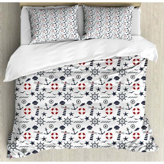 Lighthouse Duvet Cover Set Queen Size, Nautical Anchors Waves Helms and Animal Silhouettes Compass Navigation, Decorative 3 Piece Bedding Set with 2 Pillow Shams, Indigo Red White, by Ambesonne