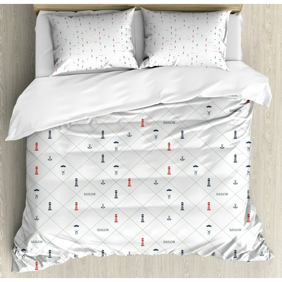 Lighthouse Duvet Cover Set Queen Size, Nautical Checkered Pattern with Sailing Icons Abstract Geometric Lines, Decorative 3 Piece Bedding Set with 2 Pillow Shams, Dark Blue Red White, by Ambesonne