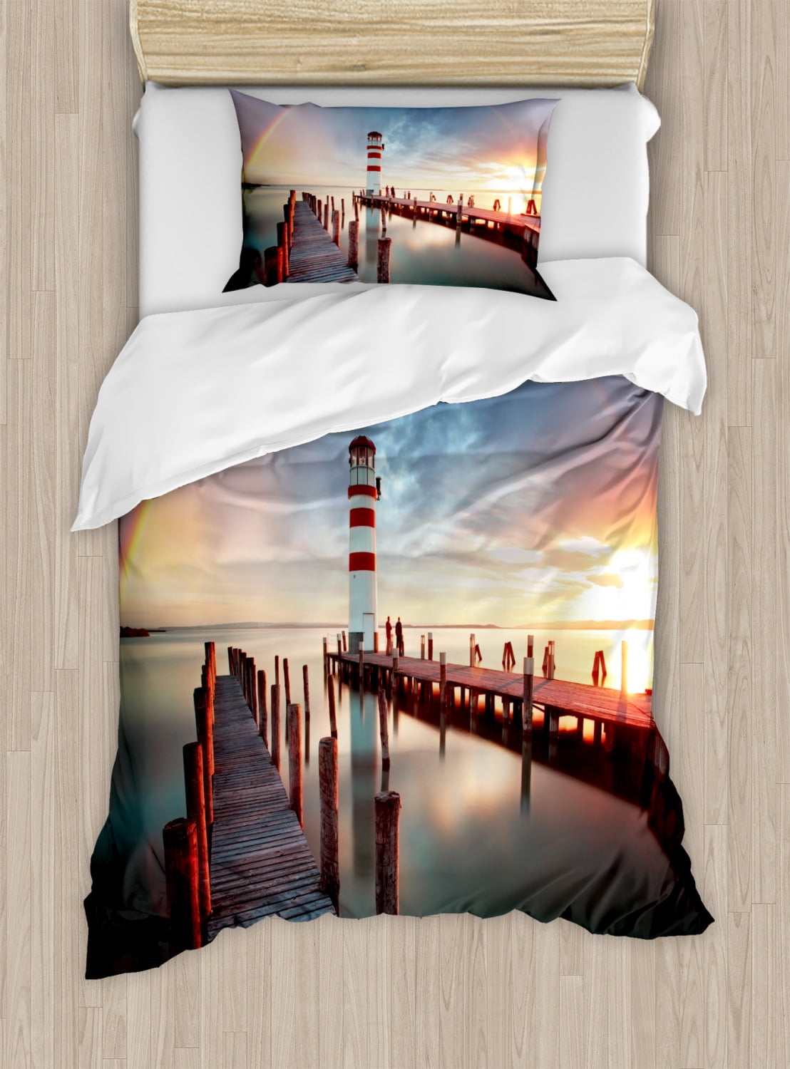 Twin Size Coastal Sunset Lighthouse Microfiber Duvet Cover Set