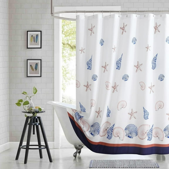 Lighthouse Fabric Shower Curtain, Blue Gray and White Coastal Nautical Shower Curtains for Bathroom Decor, Waterproof Polyester Bathroom Curtains, 84" W x 84" H