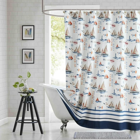 Lighthouse Fabric Shower Curtain, Blue Gray and White Coastal Nautical Shower Curtains for Bathroom Decor, Waterproof Polyester Bathroom Curtains, 84" W x 84" H