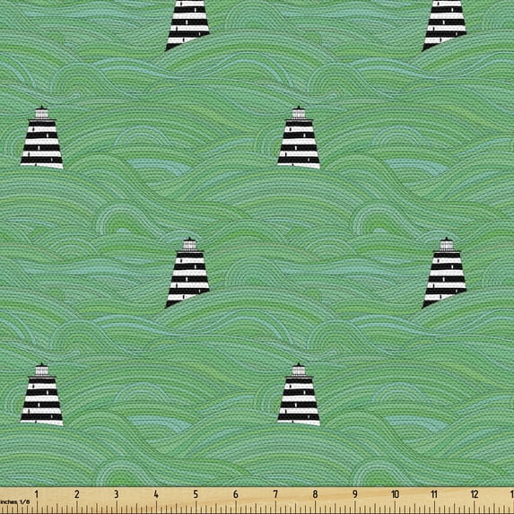 Ambesonne Lighthouse Fabric by the Yard Upholstery, Abstract Wavy Stripe, 1 Yard, Green Black White
