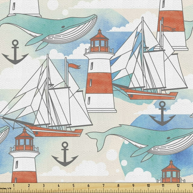 Ambesonne Lighthouse Fabric by the Yard Upholstery, Nautical Whale Boats, 2 Yards, Multicolor