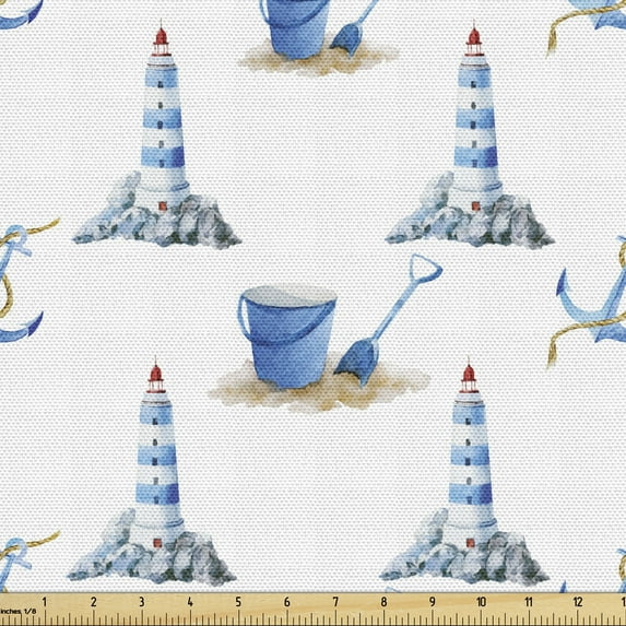 Ambesonne Lighthouse Fabric by the Yard Upholstery, Hand Drawn Beach, 2 Yards, Blue White