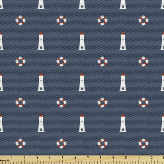 Ambesonne Lighthouse Fabric by the Yard Upholstery, Nautical Themed Form, 10 Yards, Dark Sky Blue White and Ruby