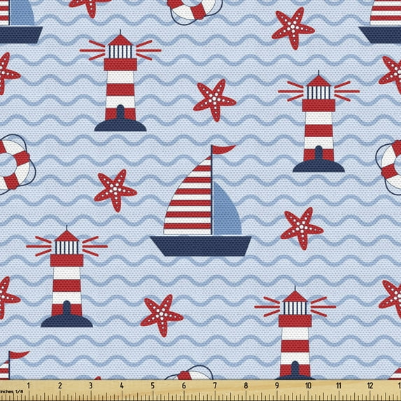 Ambesonne Lighthouse Fabric by the Yard Upholstery, Ocean and Waves, 2 Yards, Pale Blue Red White