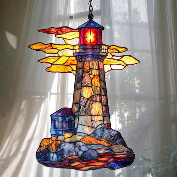 Lighthouse Faux Stained Glass Suncatcher  Ocean Sunset Acrylic Window Hanging, Coastal Nautical Home Decor