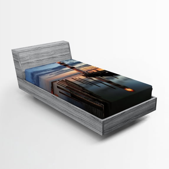 Lighthouse Fitted Sheet, Calm Dusk at Bay Lighthouse and Wooden Boardwalk Reflections on Water Clouds, Decorative Soft Bedding All-round Elastic Pocket, Twin Size, Multicolor, by Ambesonne