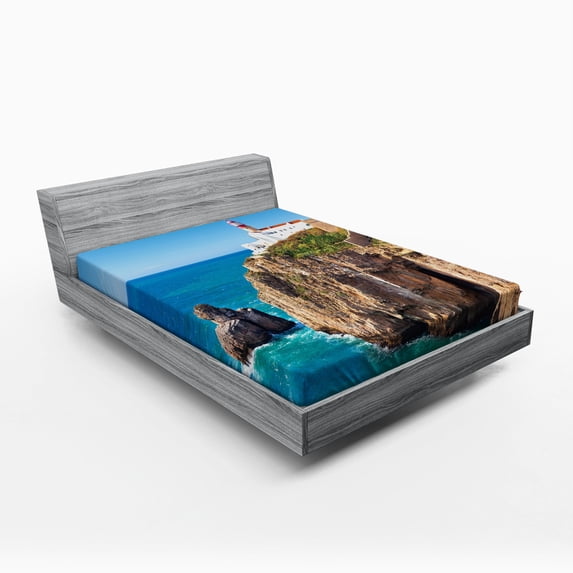 Lighthouse Fitted Sheet, Daytime Rocky Lighthouse Shore Seaside Rocks Building Cliff Sunny Day Clear Sky, Soft Decorative Fabric Bedding, Queen Size, Multicolor, by Ambesonne
