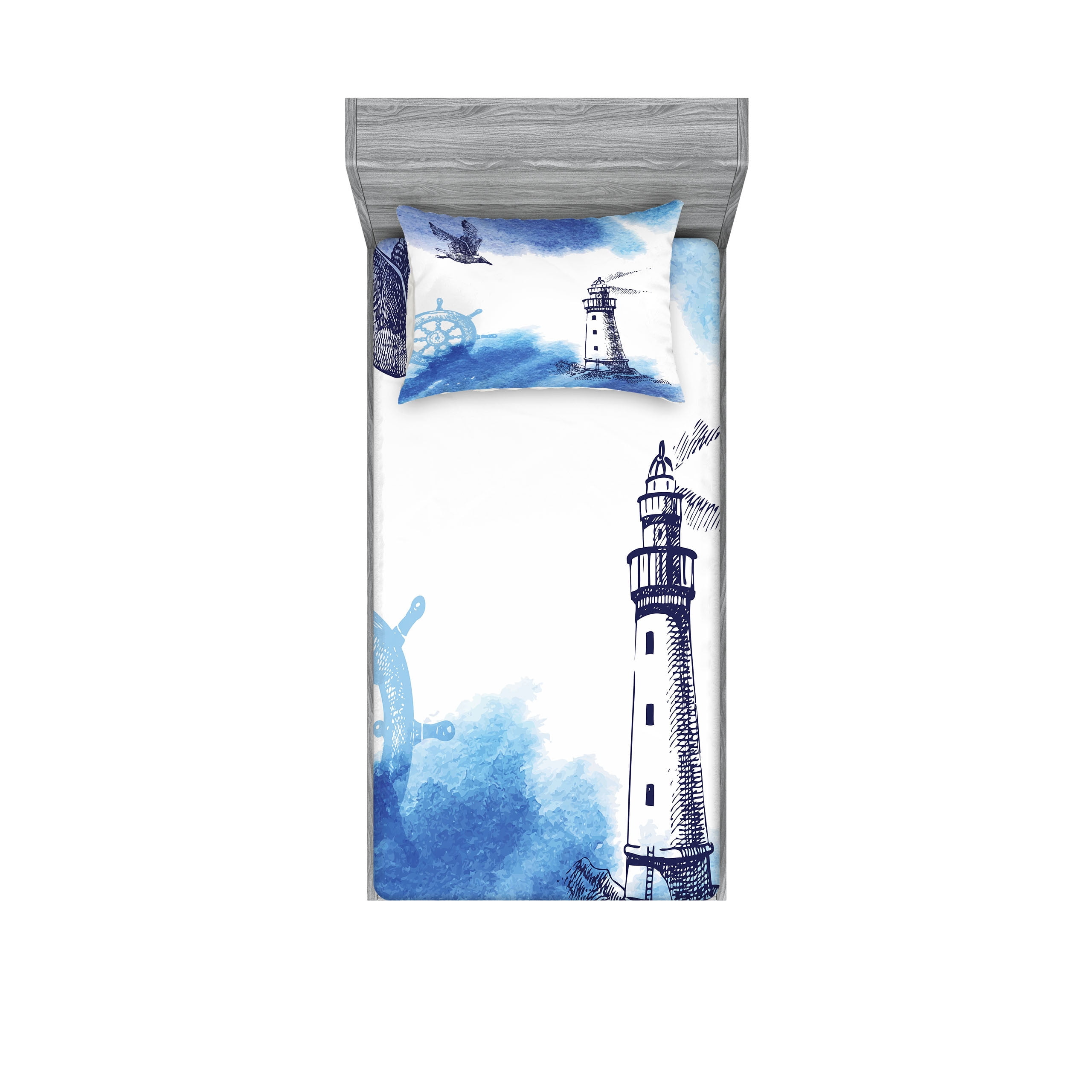 Lighthouse Fitted Sheet & Pillow Sham Set, Nostalgic Watercolors Gull Anchor Tower Nautical
