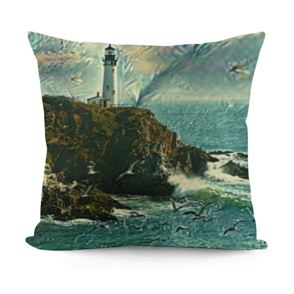 Lighthouse Flannel Fleece Pillow Cushion Cover, Pigeon Point Lighthouse in California Romantic Shoreline Waves Wildflowers, Decorative Square Accent Pillow Case,, Blue Green Brown
