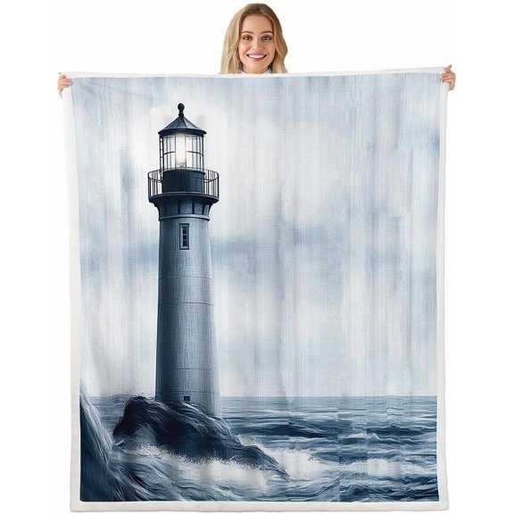 Lighthouse Fleece Throw Blanket Kids Nautical Plush Sherpa Blanket Fuzzy for Boys Girls Teens Ocean Themed Print for Bed Couch Chair Living Room Breathable Sea Adventure 30" x 40"