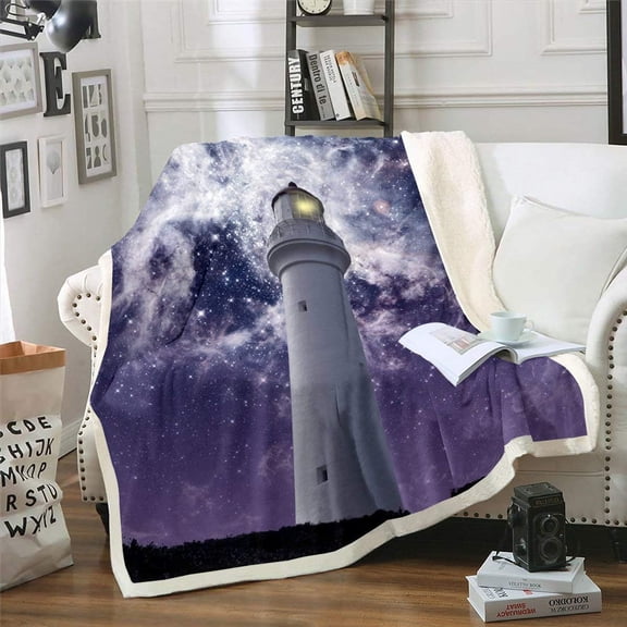 Lighthouse Fuzzy Blanket Nautical Bed Blanket Purple Galaxy Starry Sky Outer Space Universe Fleece Blanket Trippy Throw Blanket for Adult, Home Decorative Twin
