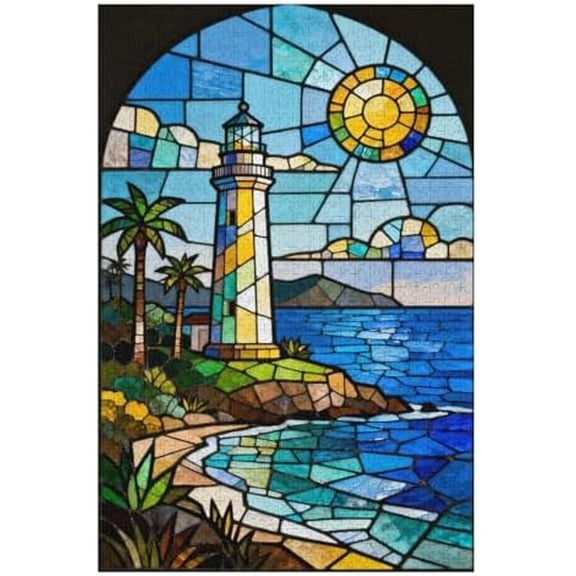 Lighthouse Glass Style Seaside 500 Piece Jigsaw Puzzle for Adults, Stained Glass Coastal Artwork, Relaxing Family Game & Home Decor