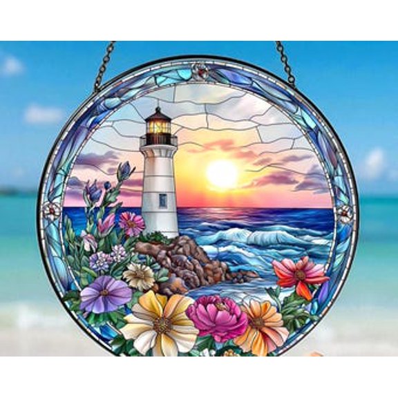 Lighthouse Glass Suncatcher, Coastal Home Gift, Beach Lover Glass Vacation House Ocean Theme, Tropical Ocean Window Hanging, 6.3 in