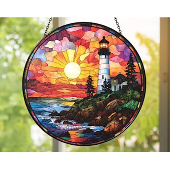 Lighthouse Glass Suncatcher: Coastal Sunset Window Decor, 6.3 in