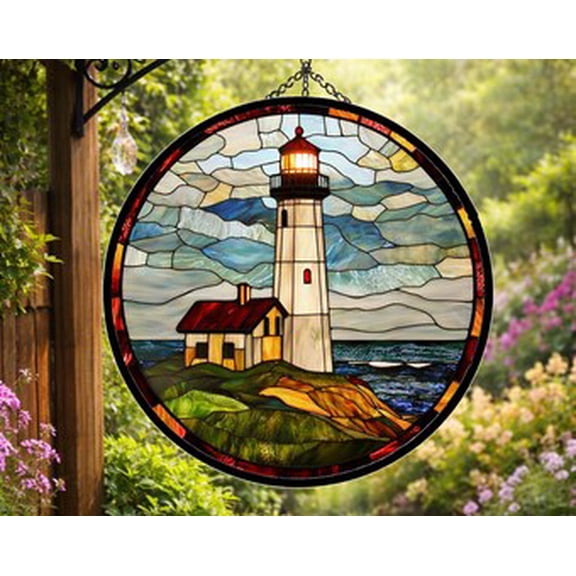 Lighthouse Glass Suncatcher Ornament, Lighthouse Window Hangings Decor, Beach Sun Catcher, Gift for Nature Lovers, Coastal Gift, 6.3 in