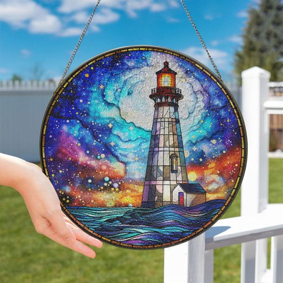 Lighthouse Glass Suncatcher v6, Coastal Nature Window Hanging, Beach Home Decor, 6.3 in