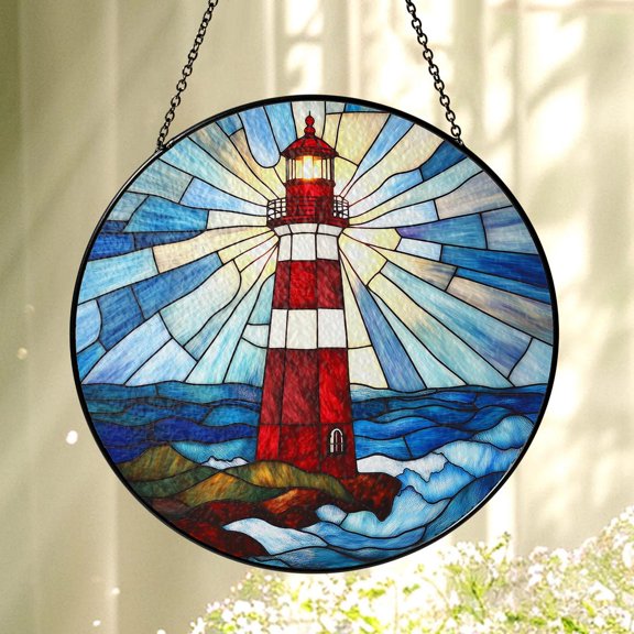 Lighthouse Glass Suncatcher v9, Coastal Beach Window Art, Nautical Home Decor, 3.5 in