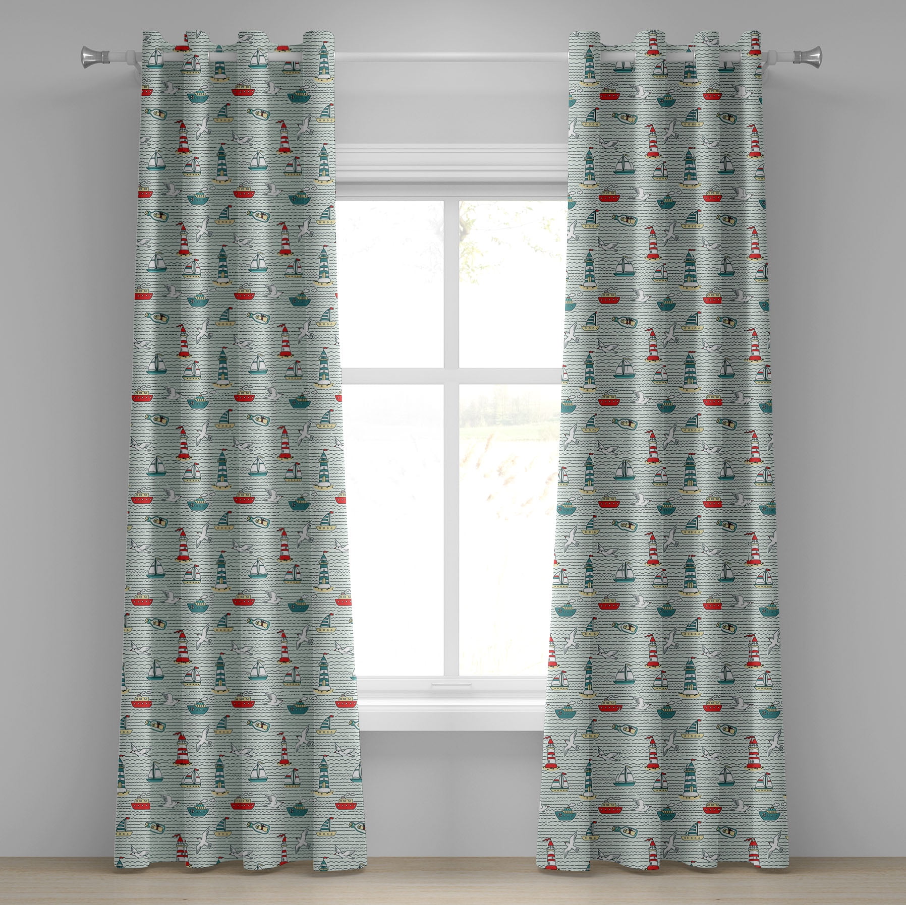 Lighthouse Grommet Curtain, Seagulls Lighthouses Message Bottles