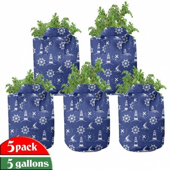 Lighthouse Grow Bags 5-Pack, Maritime Silhouettes, Heavyduty Fabric Pots with Handles for Plants, 2 Sizes, Violet Blue White, by Ambesonne